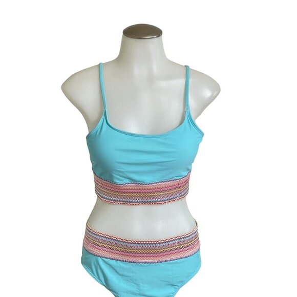 NWOT.Sky Blue Striped Patchwork Spaghetti Strap High Waist Bikini Swimsuit Size - Picture 3 of 11